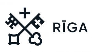 Rīgas pilsētas logotips ar krustotiem atslēgu simboliem un uzrakstu ‘RĪGA’ 