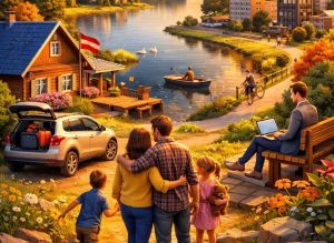 Ģimene ar bērniem Latgales ainavā pie ezera, simbolizējot atgriešanos un dzīvi reģionā