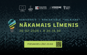 Konferences “Nākamais līmenis” vizuālais plakāts. Tumšs, digitāls fons ar pikseļu rakstu un stilizētu spuldzes–spirāles ikonu.