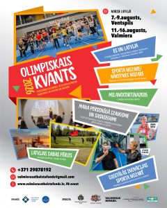 Plakāts “Olimpiskais kvants 2026” ar jauniešiem sporta hallē un informāciju par nometnēm Ventspilī (7.–9. augusts) un Valmierā (11.–16. augusts), izceļot sportu, personīgo izaugsmi un aktivitātes jauniešiem