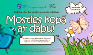Krāsains plakāts ar aicinājumu bērniem un jauniešiem piedalīties radošajā konkursā “Mosties kopā ar dabu!”
