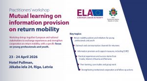 Plakāts par starptautisku remigrācijas semināru “Mutual learning on information provision on return mobility”, kas notiks 2026. gada 23.–24. aprīlī viesnīcā Pullman Rīgā